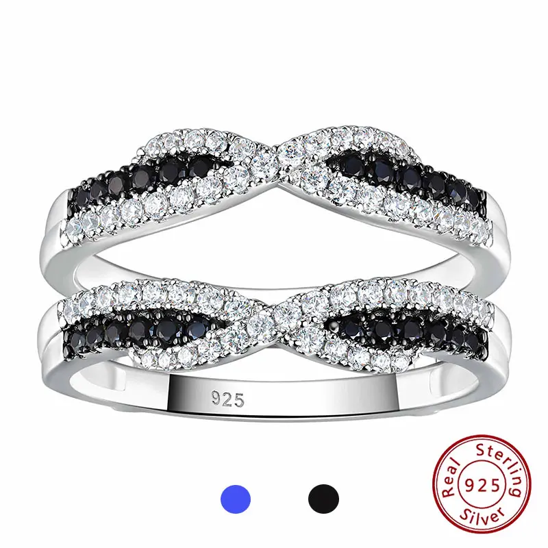 Women's 925 Sterling Silver Elegant Prong-Set Round Shape Ring Enhancer Wedding Band - 1.2mm AAAAA Blue/Black Cubic Zirconia, for Office & Anniversary Wear, Luxury Couple Costume Jewelry