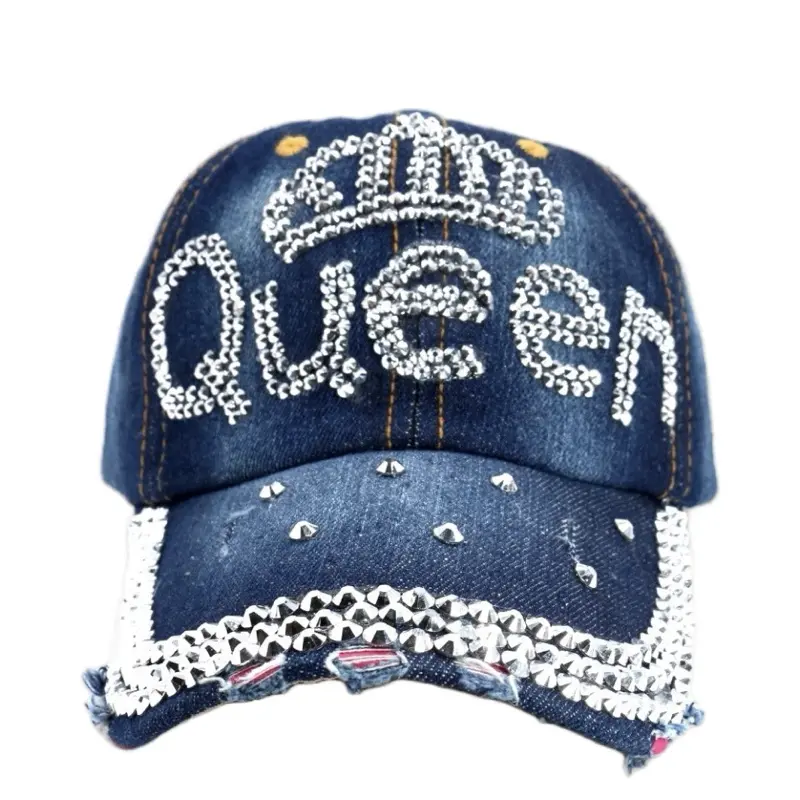 Queen Baseball Cap with Sparkling "Queen" Design and Distressed Denim Look