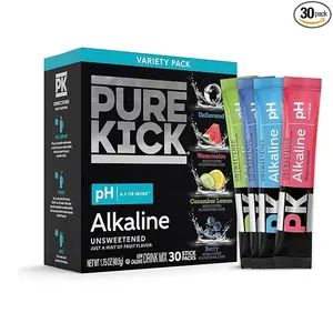 Pure Kick Alkaline pH 8.5 or Higher Powdered Drink Mix Packets Variety Pack, 30 Singles to Go!, Unsweetened with a Hint of Flavor - Watermelon, Berry, Cucumber Lemon & Unflavored, 30 Servings