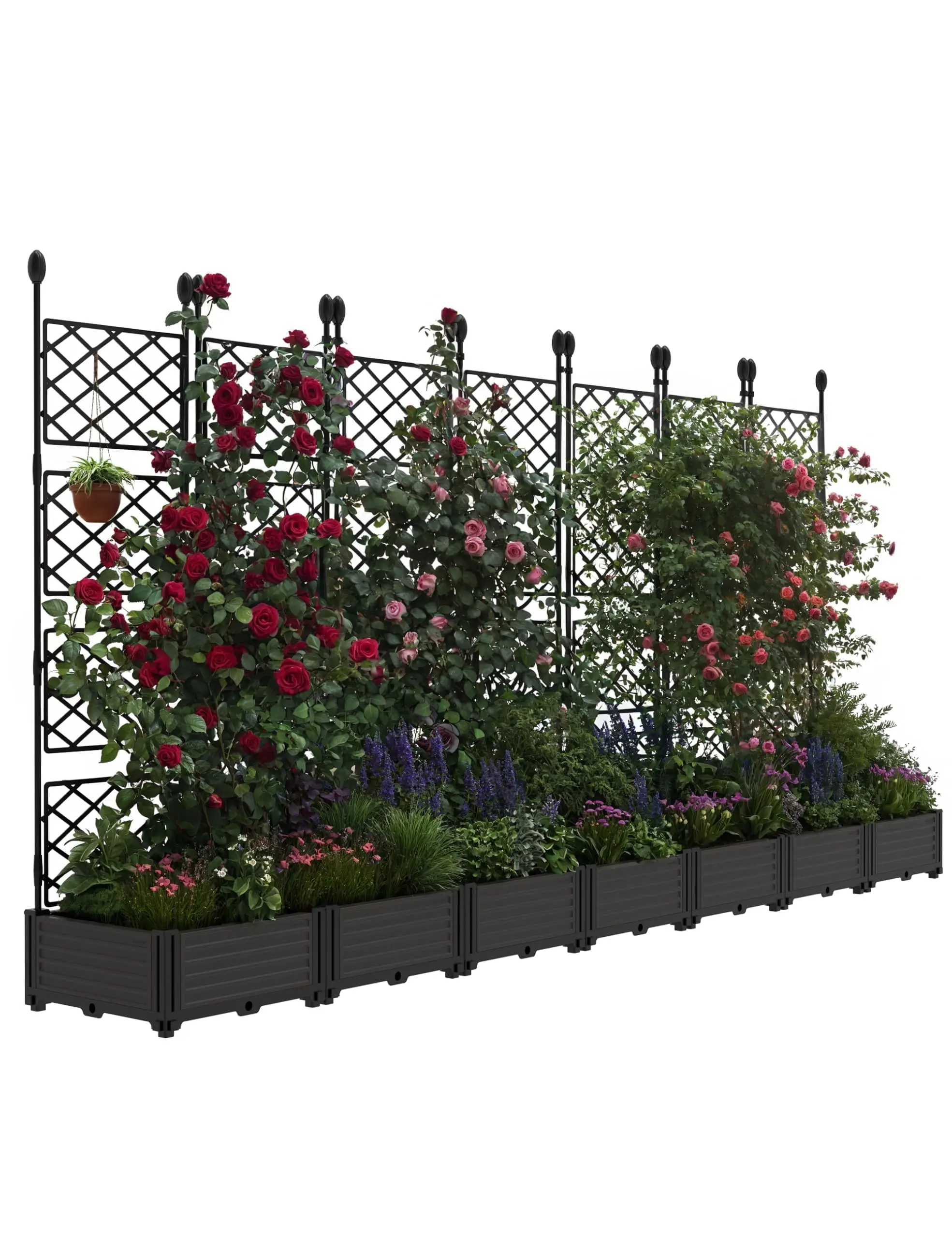 GAOMON 7-Piece Raised Garden Bed with Vine Trellis, 114"Lx16"Wx63"H Minimalist Plastic Planter Box for Climbing Plants & Herbs, DIY Garden Projects Vertical Plant Stand Outdoor Furniture Set with Privacy Screen