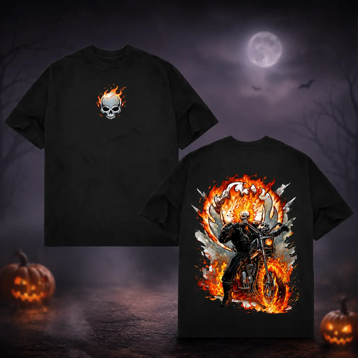 Flame Skull Biker Graphic Tee Oversized Heavyweight Cotton Shirt Spooky October Halloween Streetwear T-Shirt for Men Women