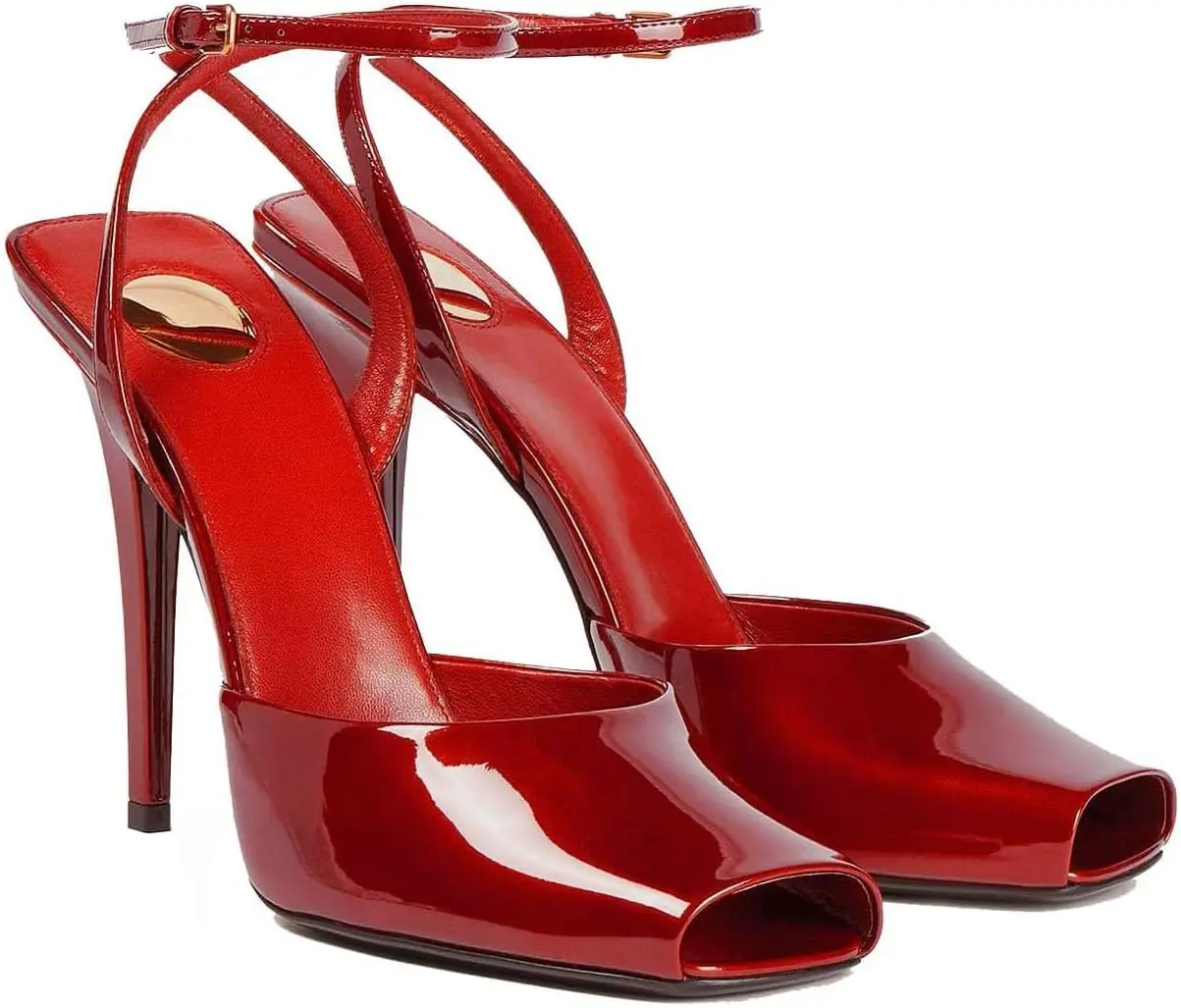 Women's Peep Toe Stiletto Heels Ankle Strap Glossy Patent Leather Square Toe Dress Sandals for Wedding Guest Party Birthday Evening summer outfit