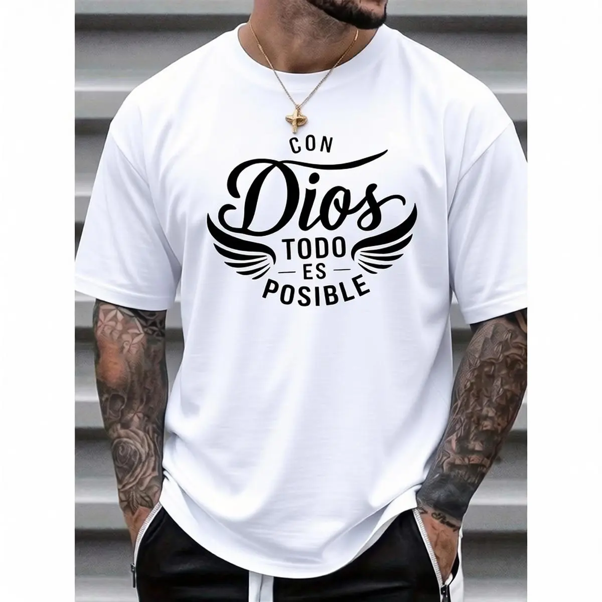 100% Cotton Unisex Round Neck Short - Sleeve T - Shirt: "Con Dios Todo Es Posible" Inspirational Spanish - Language Graphic Basic Tee For Summer Men's Tops