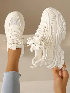 New Women's Platform in, Thick Soled Sneakers, Breathable Mesh and PU Leather, Casual Outdoor Lace-Up Shoes for All Seasons