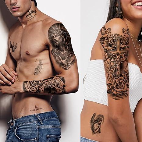 77 Sheets Christian Cross Temporary Tattoo for Women Men, 17 Sheets Half Arm Large Religious Jesus God Fake Tattoos, 60 Sheets Angels Black Christ Tiny for Adult Kids Body Tattoos Stickers Realistic