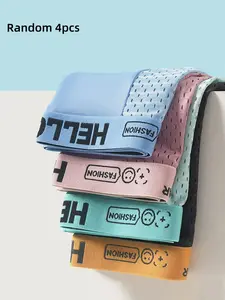 Men's Breathable Ice Silk Mesh Briefs, 4-Pack Summer Underwear, Hello Letter Pattern, Comfortable and Stylish, Slim-Fitting Casual Wear