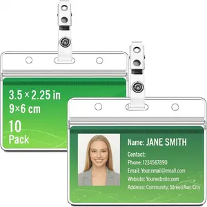 10 Sets Clear Horizontal Badge Holders with Metal Clips, Waterproof PVC ID Card Protectors for Name Tags, Employee Badges, Conferences, School, Office, Exhibitions