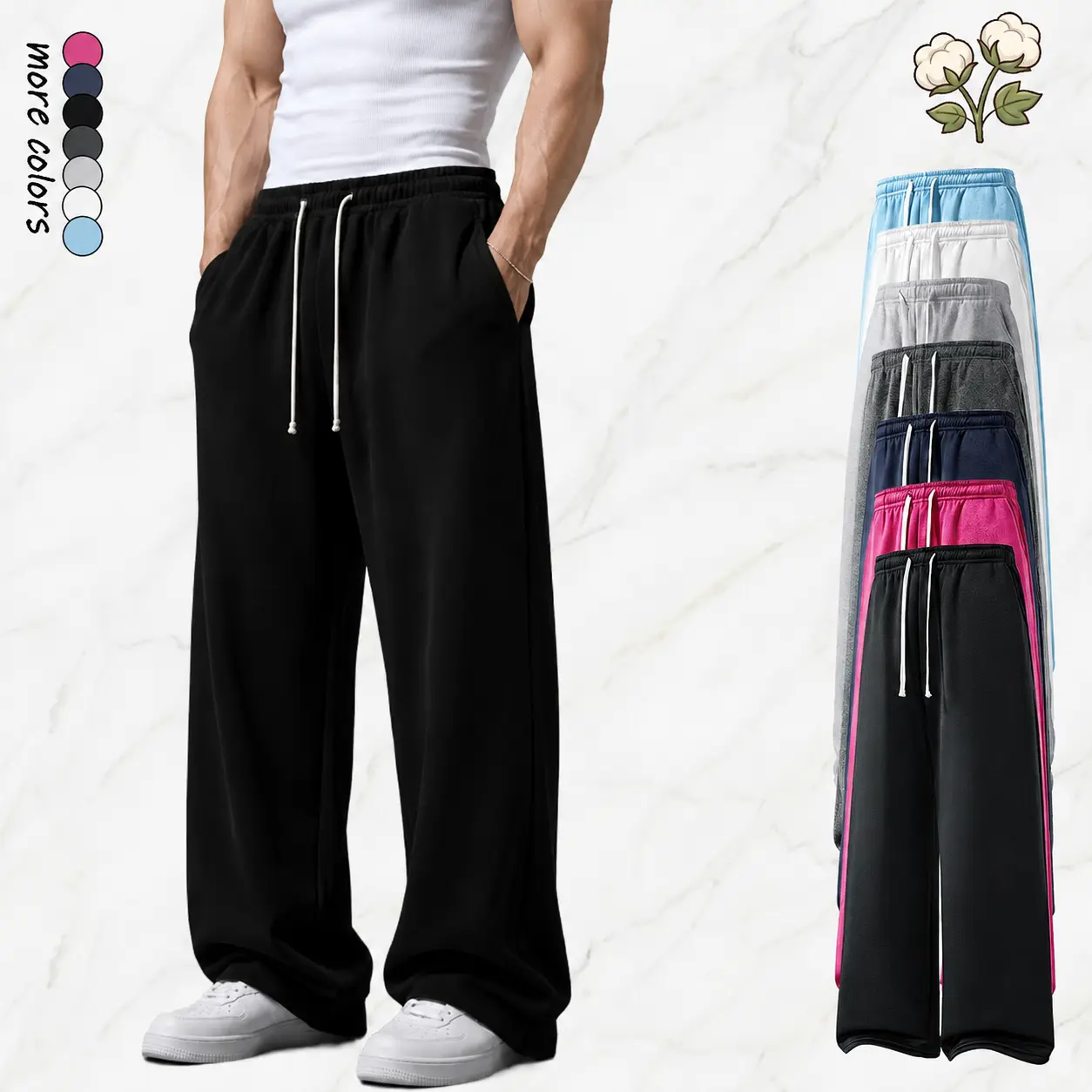 Men’s Thick Cotton Straight Leg Joggers - Elastic Drawstring Workout Jogger, Loose Fit, Side Pockets, Durable Long Pants for Outdoor Sports, Commuting, Sporty Summervibes