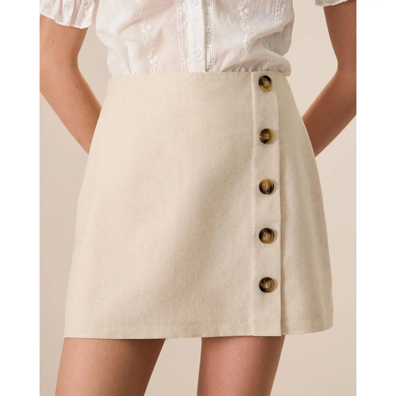 Rihoas Women's Beige High-Waist Business Short Skirt - Soft Cotton-Breathable Polyester-Linen Blend Fabric, Button-Front Office Wear Bottoms, Short Skirts