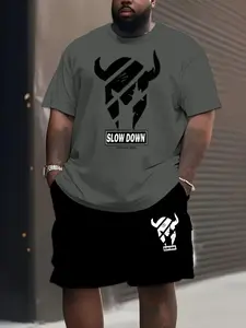 Men's Plus Size Casual Sport Shorts and T-Shirt Set, Slow Pattern Print, Drawstring Waist, Outdoor Activities, Comfortable Fit, Athleisure Wear Set