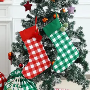 Classic Plaid Canvas Christmas Stocking with Pom-Pom – Holiday Gift Holder Fireplace Door & Wall Hanging Decor christmas decorations Nordic Tomte Gnome Bags
