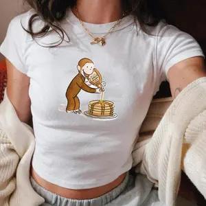 Curious George Pancake Maker Baby Tee, Cute Kitchen Cartoon Tee, Y2k, 90s Clothing, Pinterest Aesthetic