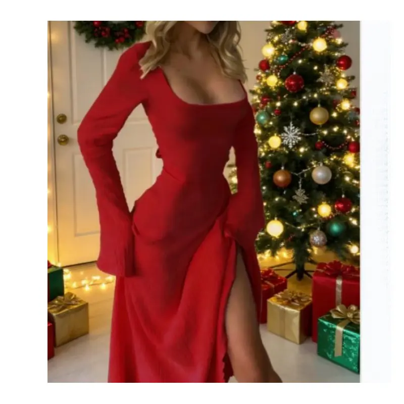 Women's Elegant Plain Knit A-Line Dress, Square Neck Long Flounce Sleeve Formal Gown with Lace-Up Tie-Back for Party Wedding Guest, Chic, Piece, Knitted Knit