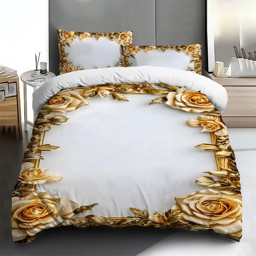 Three-piece bedding set - 2pcs/3pcs 2D Flat gold rose gold floral pattern duvet cover set (1 duvet cover + 1/2 pillowcases, no insert), multi-color printed bedding set, soft and comfortable, suitable for family bedrooms and guest rooms.