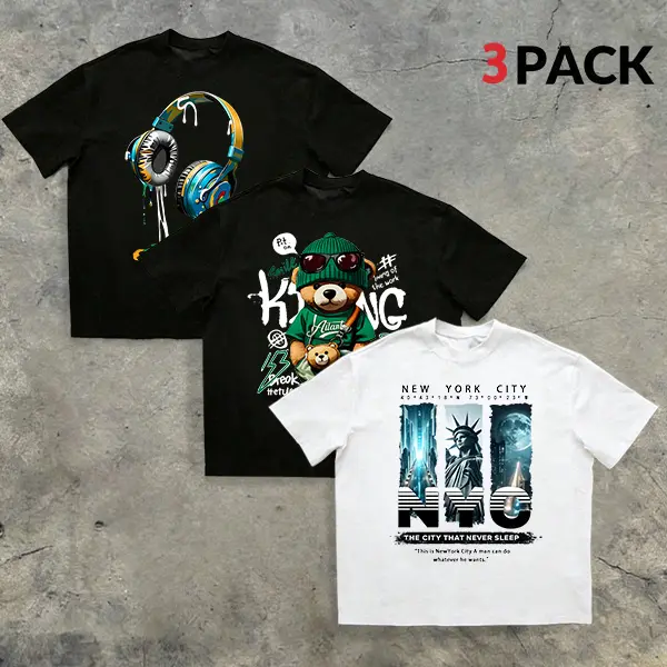 3-Pack Trendy Printed Short Sleeve T-Shirts, Loose Oversized Fit, High Street Style, Couple Matching Versatile Tops, Menswear, Shortsleeve, Round Neck, Mens Clothing, Oversized T Shirts, Casual
