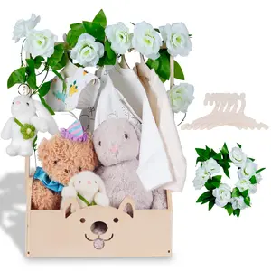Wooden Baby Shower Crate Closet with Handle, Baby Shower Basket Bear Crate Box, Newborn Boy Girl Welcome Gift Basket,Easy Assembly Baby Baskets for Baby Shower