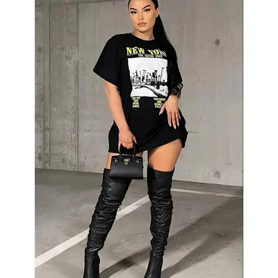 Plus Size T Shirt Dress With Ankle Boots Short-Sleeve Shirt Dress