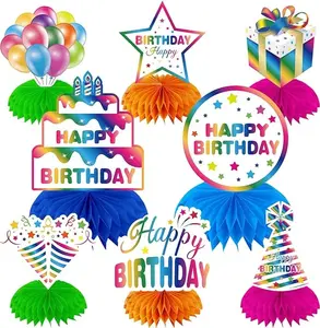 Rainbow Birthday Decorations Table Centerpieces, Iridescent Colorful Theme Birthday Honeycomb Centerpiece Party Supplies for Boys Girls, Holographic Happy Birthday Table Topper Decor