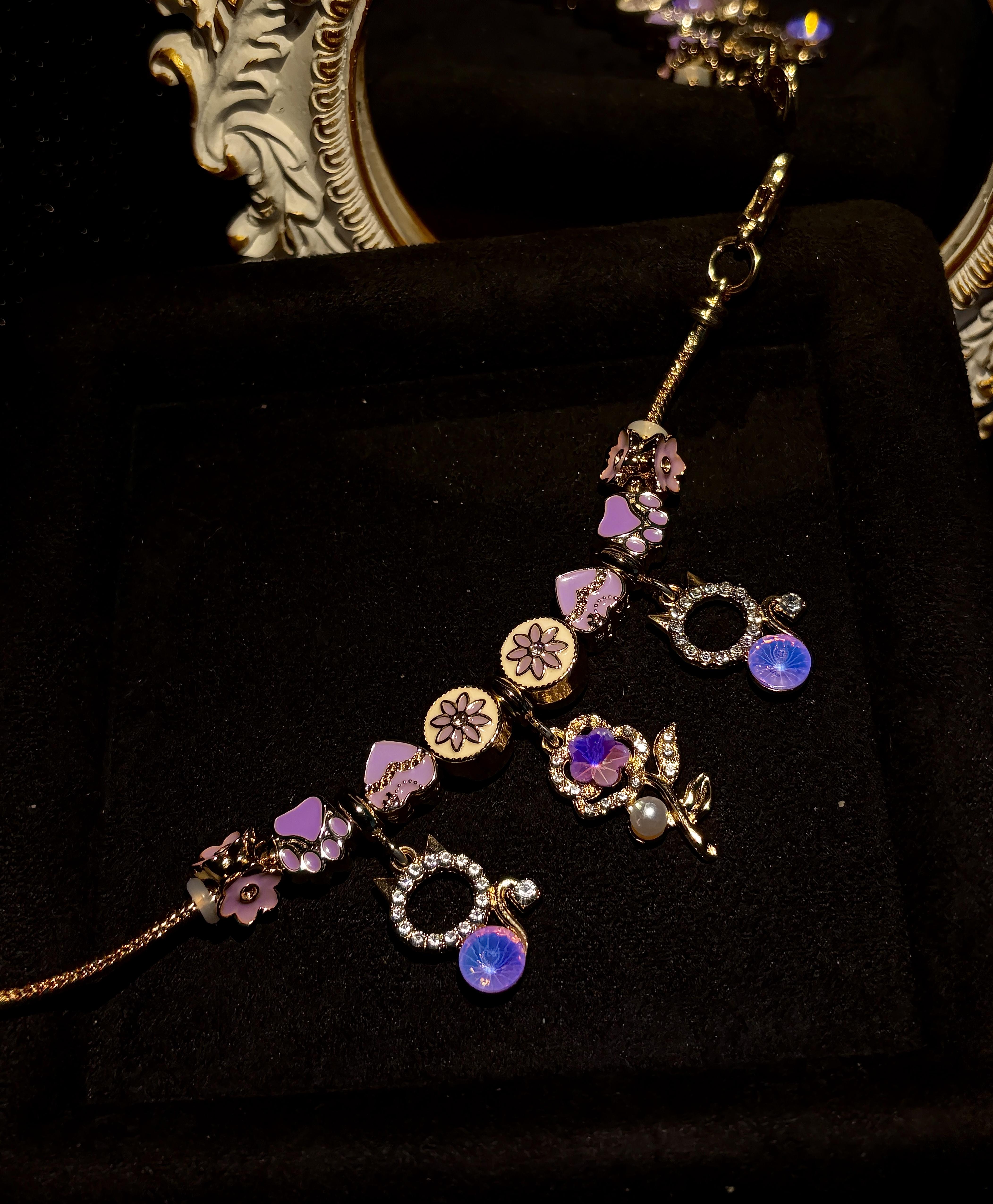 Golden Snake Chain Charm Bracelet, Purple Floral Cat Paw Beaded Bracelet with Opal Crystal Pendant Adjustable Jewelry for Women