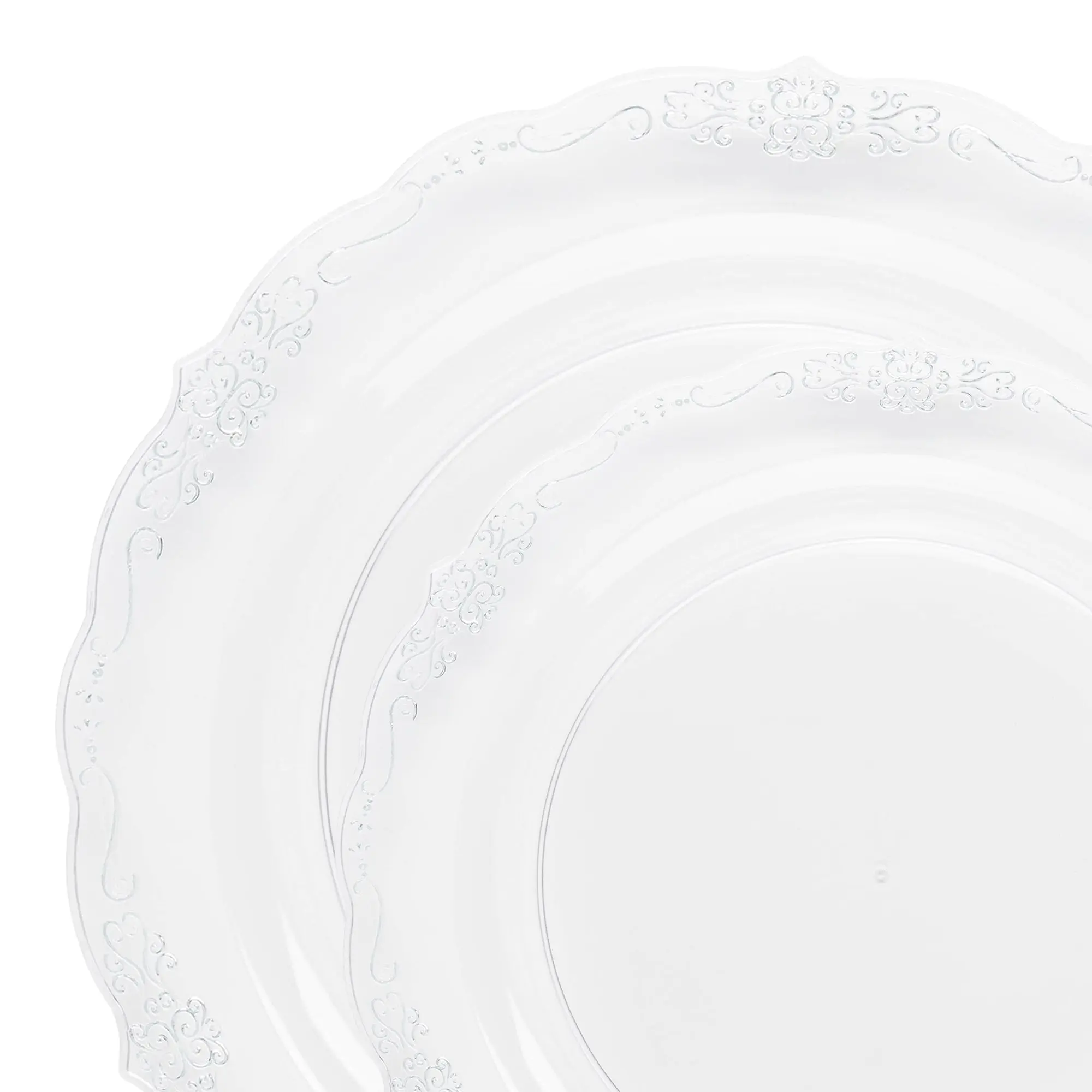 Clear with Silver Vintage Rim Round Disposable Plastic Dinnerware Value Set