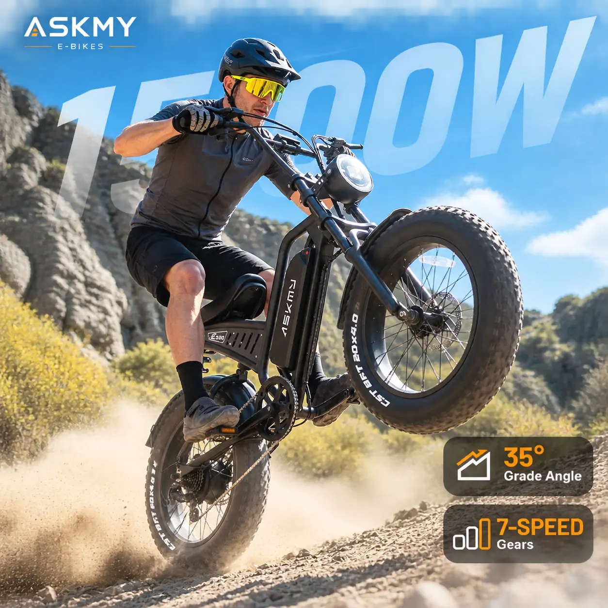 ASKMY Fat Tire Electric Bike | 1500W Peak Motor | High-Carbon Steel Frame | Full Suspension | Up to 30 MPH | 48V 15Ah Battery | 40–70 Miles Range | 20" × 4.0" All-Terrain Fat Tires | For City Commuting, Country Trails & Light Off-Road Riding