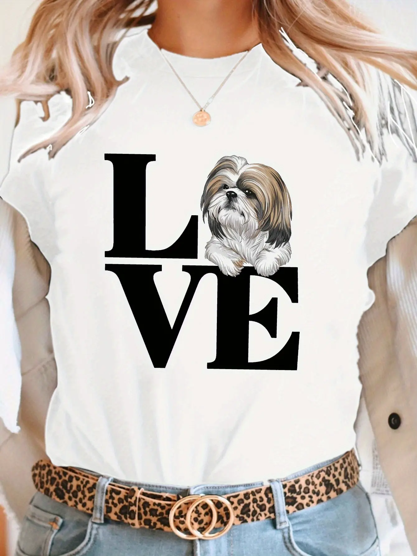 Women's Shih Tzu Dog Lover T-Shirt - Cute Shih Tzu & LOVE Print Short Sleeve Crew Neck Top, Casual Spring Summer Outfits, Machine Washable Pet Owner Apparel