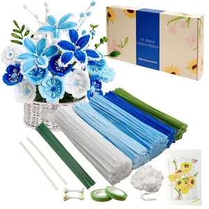 350 count Blue Pipe Cleaners Flower kit with tutoria,Fluffy Yarn,Green Floral Wires,Gardening Tape,Stamen(2 Colors)Pipe Cleaners Craft,Chenille Stems for DIY Art Projects Creative