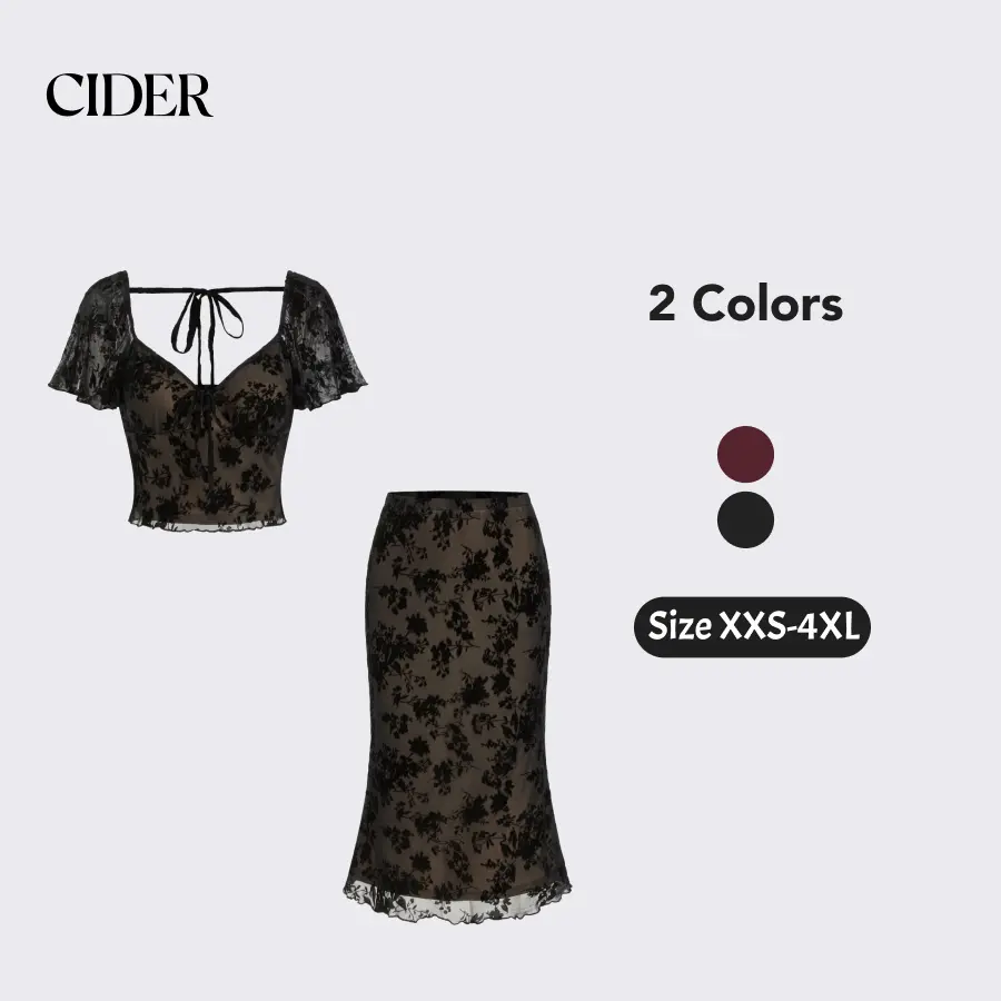 Cider Women's 2-Piece Clothes Set - Mesh Sweetheart Top with Floral Lace Ruffles & Lettuce Trim Mermaid Cut Maxi Skirt, Women's Clothes, Mesh Fabric, Floral Print, Multi-Size, Ruffled Sleeves, Shortsleeve, Maxi Skirt Set, Ruffle Trim, Women 2 Piece Sets,