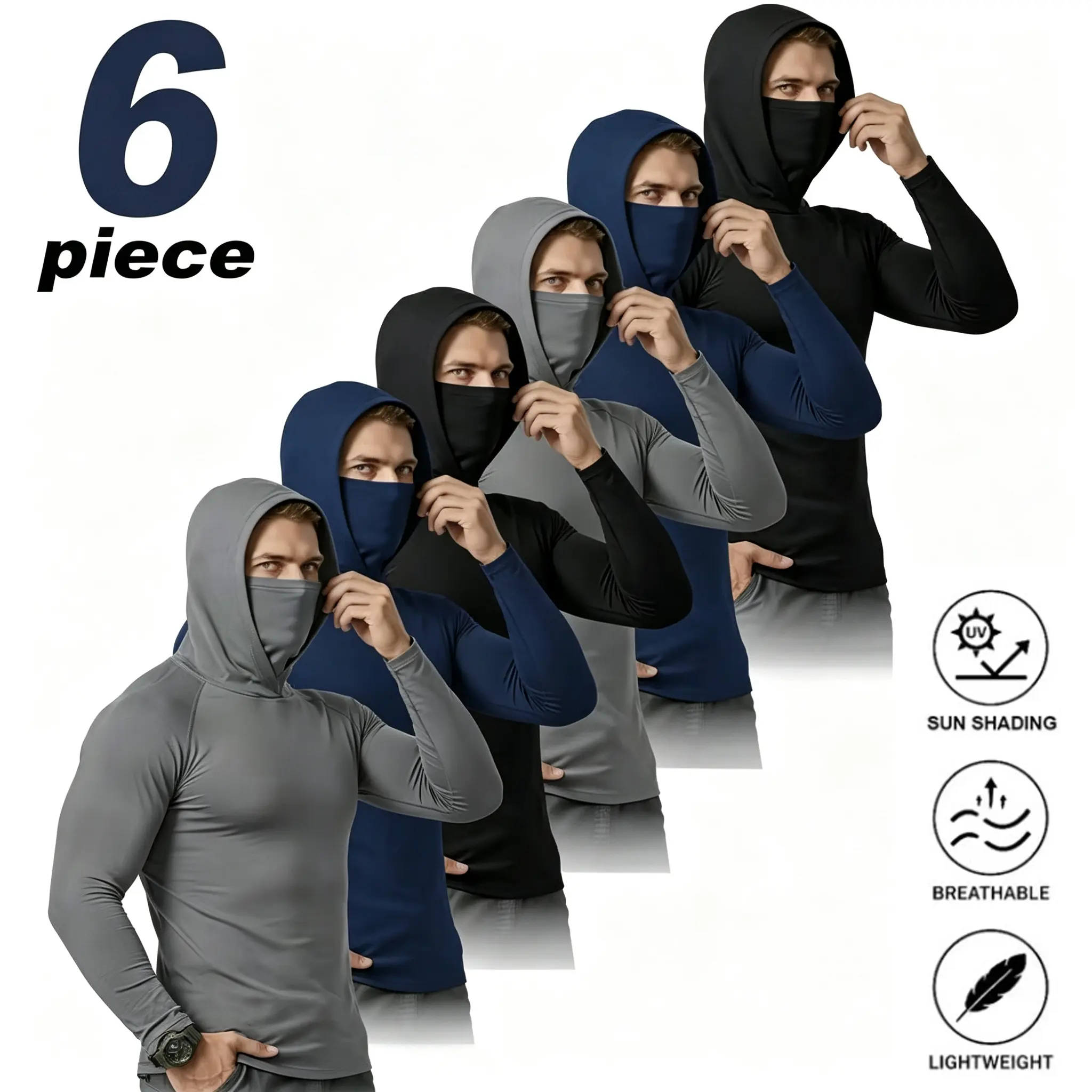 6 Pack Mens Long Sleeve UPF 50+ UV Block Hoodie with Face Mask Quick Dry Compression Sun Shirt for Fishing Work Hiking
