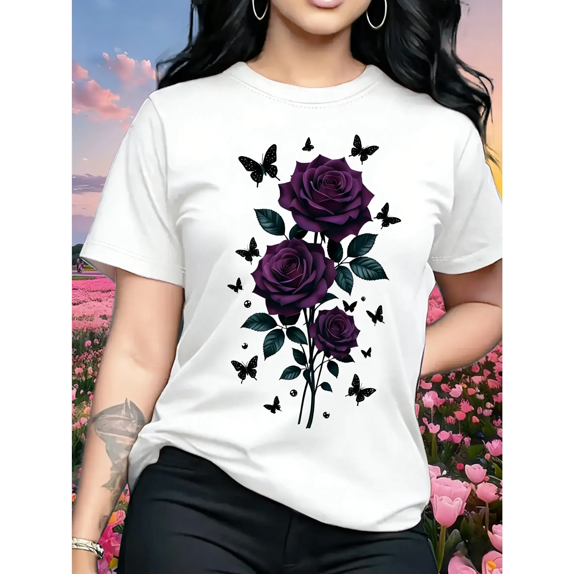 , Unique Romantic Rose Pattern Women's Fashion Casual T-Shirt, Short Sleeve Round Neck Top, Valentine's Day Gift, Travel Vacation, Party, Sweet and Elegant, Girlfriend Gift, Mother's Gift