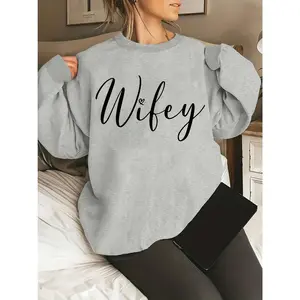 Plus Size Casual Round Neck Printed Sweatshirt for Women - Wifey Design, Slight Stretch Knit Fabric, Machine Washable Pullover