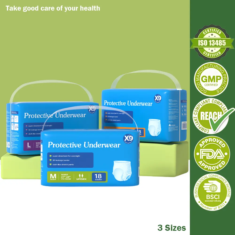 X9 Disposable Pull-Up Adult Protective Underwear, High Absorbency and Leakproof, Chlorine-Free, For Seniors and Incontinence, 18 Count, 3 Sizes, Cotton, Non-Woven Fabric, Polyethylene, Superabsorbent(Sap), Single Use, Adults And Seniors, Pull-On Wear, M:,
