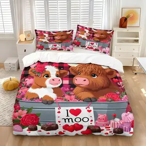 Romantic Valentine's Day Duvet Cover Set, Soft Bedding Sets, Comfy Bedding Sets, Includes One Duvet Cover and One or Two Pillowcases,Cute Cuddly Highland Calf Background,Comfort Sleeping Necessities, Warm Bedroom Home Decor Choice,Perfect Emotional Gift