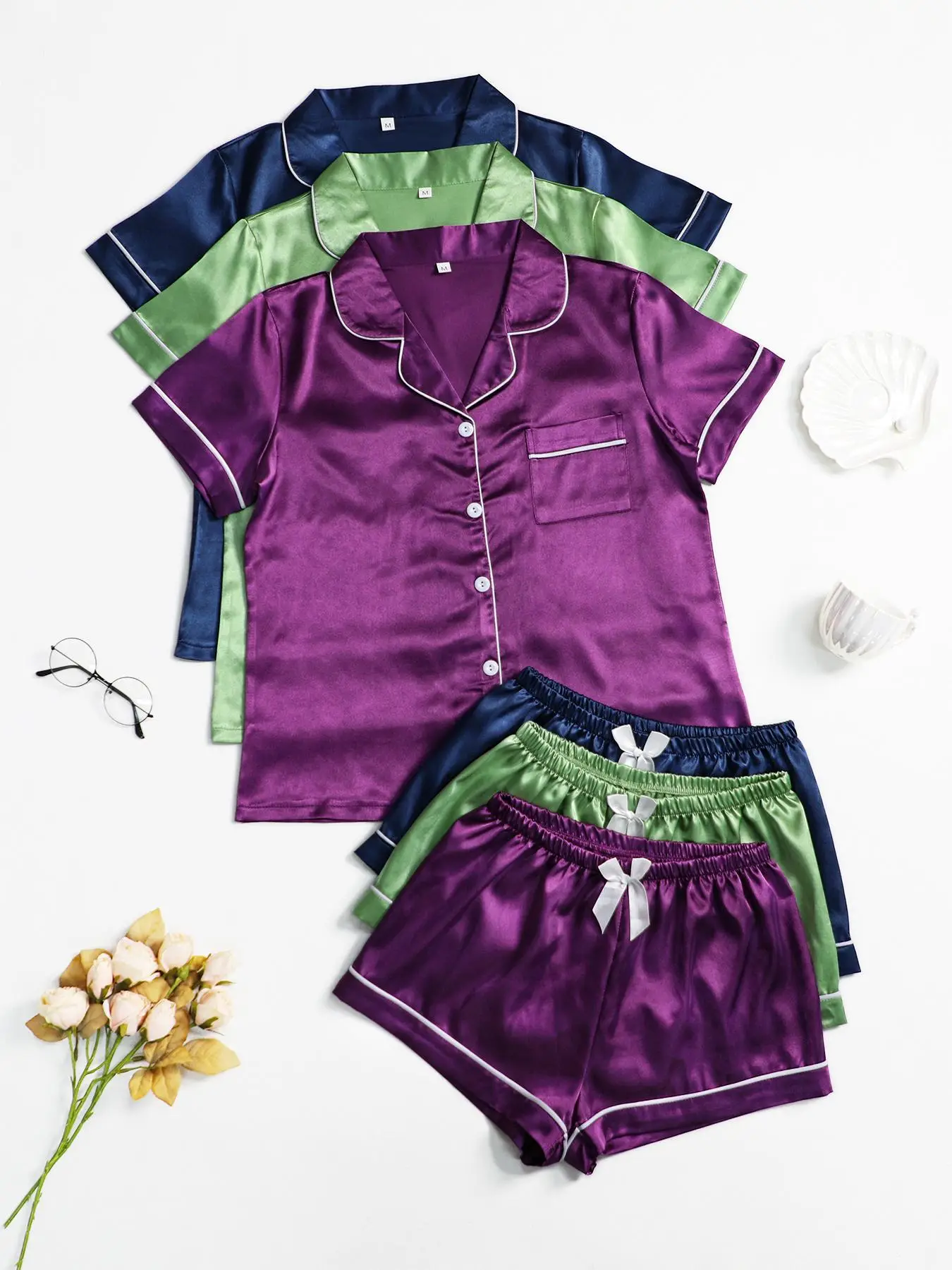 Women's Contrast Binding Satin Pajamas Set, Casual Pocket Shirt & Bow Decor Shorts Set, Comfortable Sleepwear Set for Women