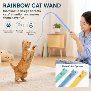 Interactive Cat Teaser Stick, 77cm Flexible PVC, Cute Cat Head Handle, Rainbow Streamer, Ideal for Indoor Kitten Play