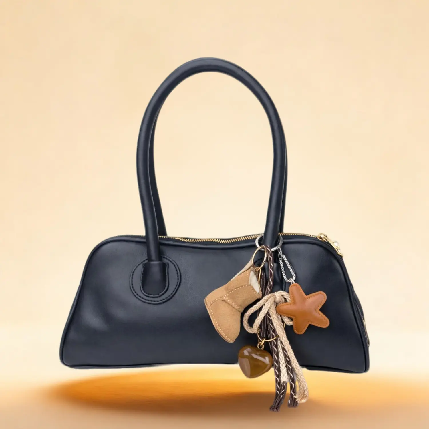 Beautisys Trendy Sleek Mini Handbag with Adorable Charm Keychain - Modern Silhouette, Smooth Leather-like Texture, Gold Zipper Detail, Perfect for Casual Outings