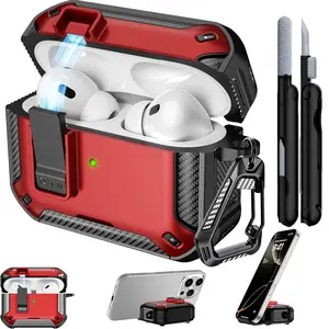 AirPods Pro 3 Generation Case Cover with Cleaner Kit, Military Hard Shell Protective Armor with Lock for AirPod Gen 3 Charging Case 2021,Front LED Visible(Red）
