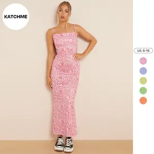 KatchMe Women's Sweet Floral Print Low Back Thin Straps Slinky Dress,Slim-Fitting Womenswear,Backless Summer Ladies Spaghetti Straps Maxi Dresses