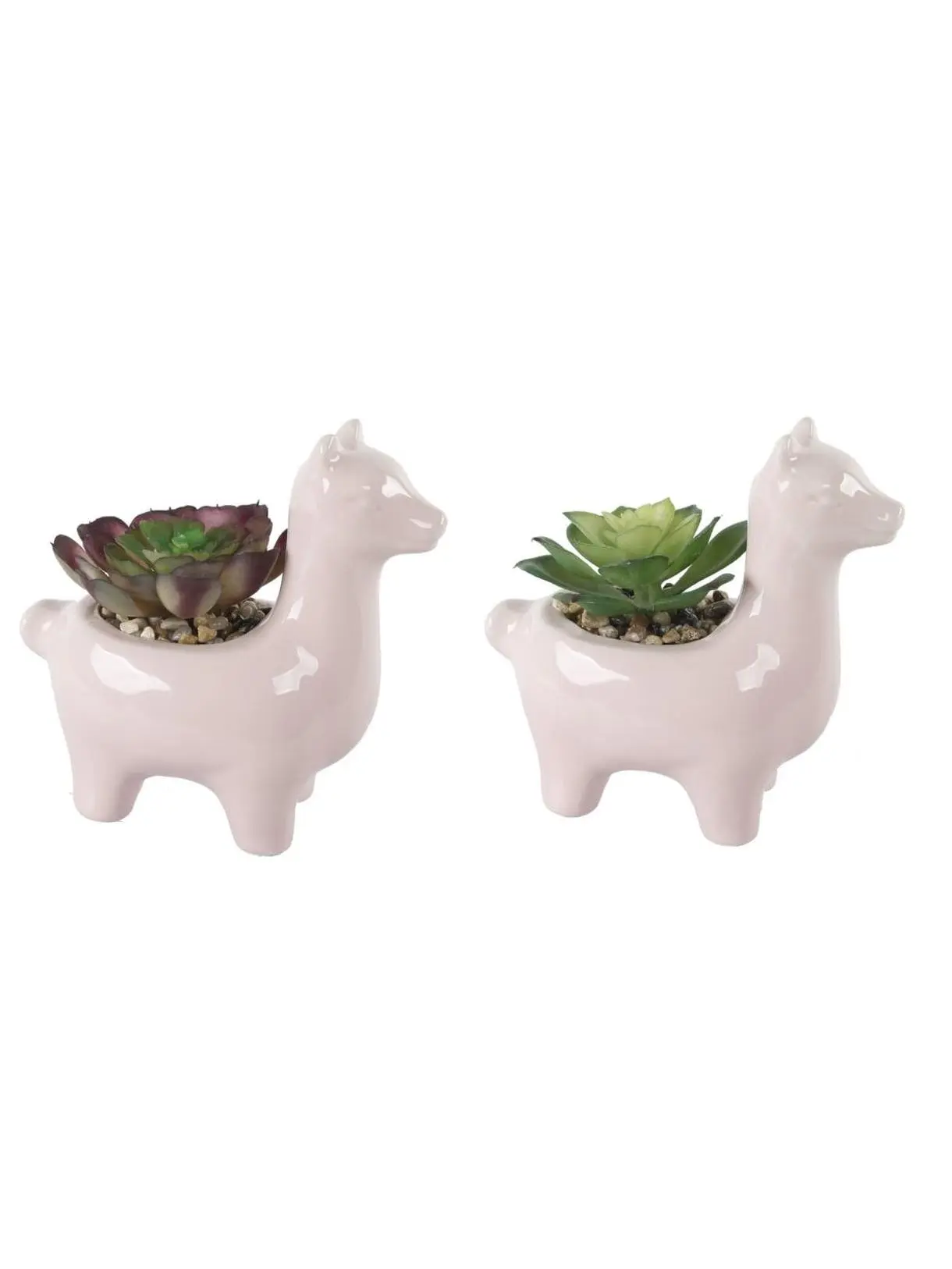 Flora Bunda CS2201E2-PK Set of 2 Pink Ceramic Llama Succulent Planters (Hand-Crafted by Artisans, Includes Faux Succulents, Indoor Use Only, No Drainage Hole) - 5.5 in, 5.75x3.75x4.75 in, 2.5 lb, Office Decor
