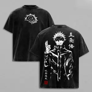 Gojo Satoru Tee Washed – Jujutsu Kaisen: Execution Shibuya Incident Compilation & Culling Game Prelude Vintage Oversized Heavy Cotton Anime Manga T-Shirt, Double Printed Retro Unisex Streetwear Graphic Top, Japanese Anime Merch for Sorcerer Fans