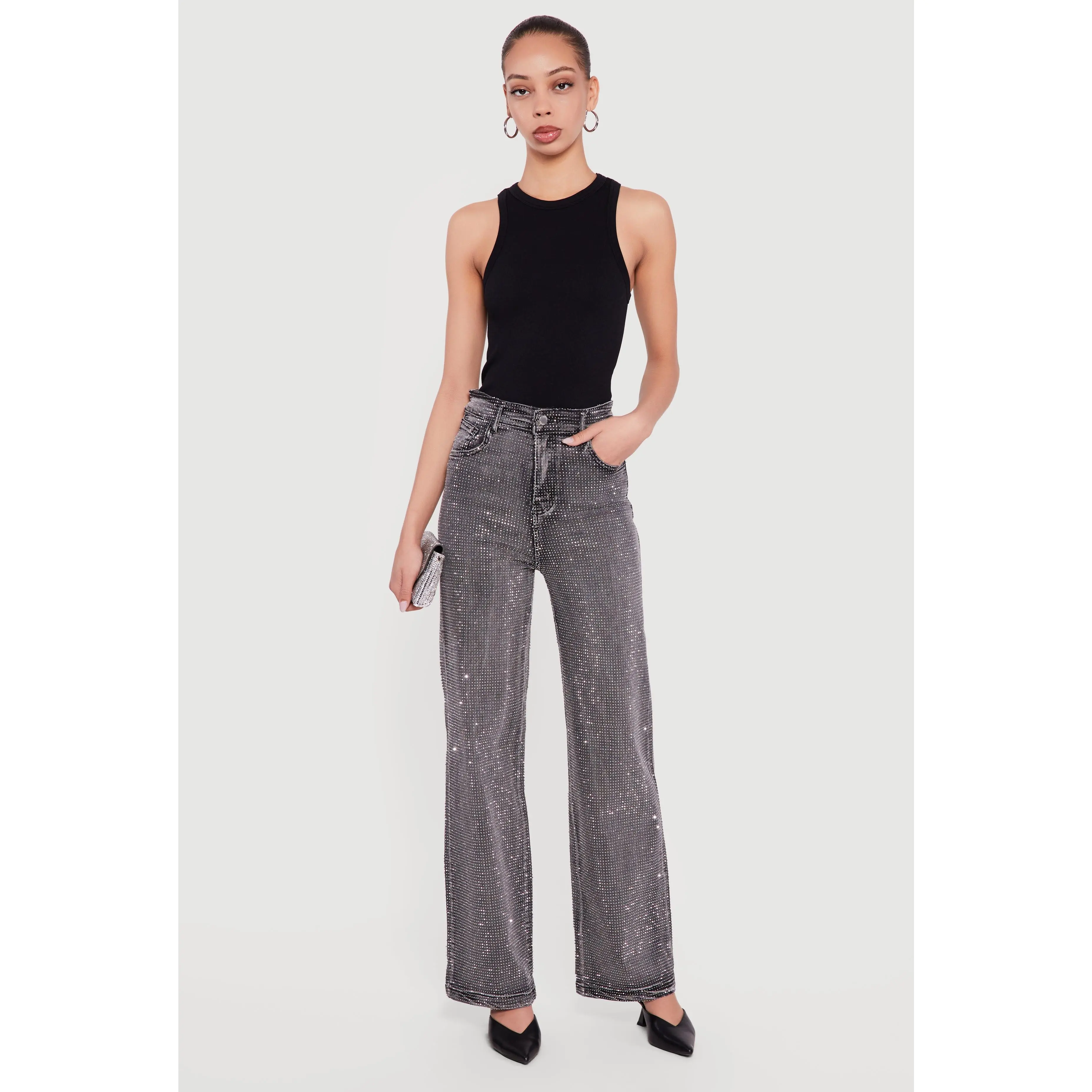 Rhinestone Studded High Waisted Straight Leg Jeans