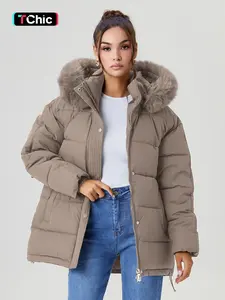 Women's Winter Casual Stand Collar Fluffy Hooded Adjustable Waist Tie Zipper Thermal Coat Outerwear