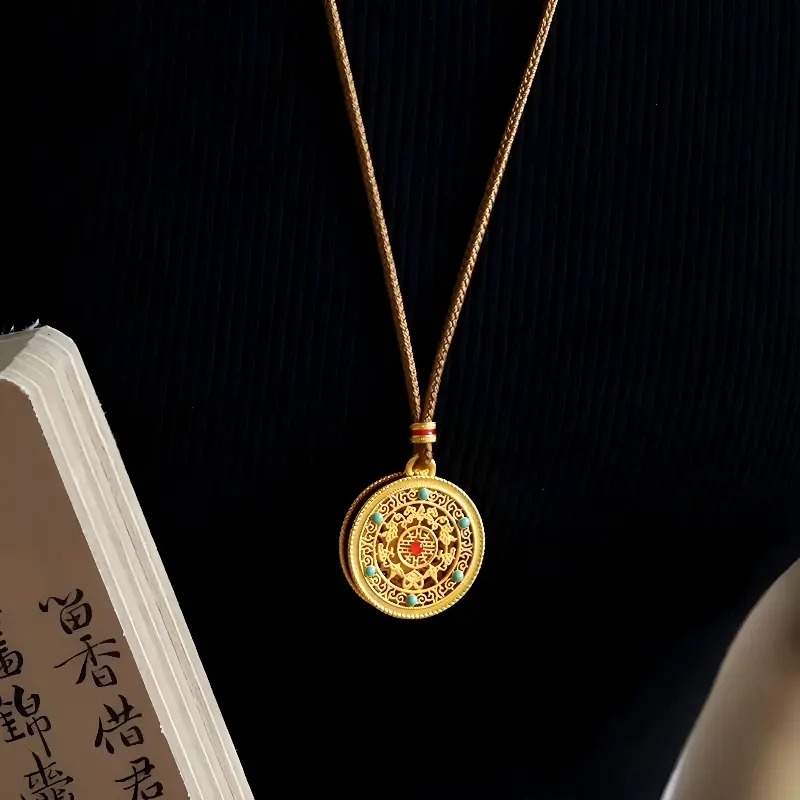 Auspicious 8-Treasures Compass Pendant - Elegant Peacock Motif Imitation Jade-Gold Costume Jewelry Long Necklace, Daily Wear Accessory, Meaningful Adult Gift with Gift Box Packaging, High-Cost-Performance