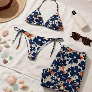 Couple's Summer Set - Vibrant Navy Orange Floral Bikini & Men’s Swim Trunks
