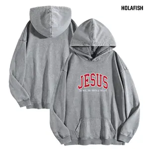 Holafish JESUS Oversized Hoodies Pullover Women Fall Acid Wash Plain Preppy Hoodie Streetwear Vintage Hooded Sweatshirt Cute Pullover Fall Winter Long Sleeve Shirts Outfits Tshirts&Hoodies - Casual
