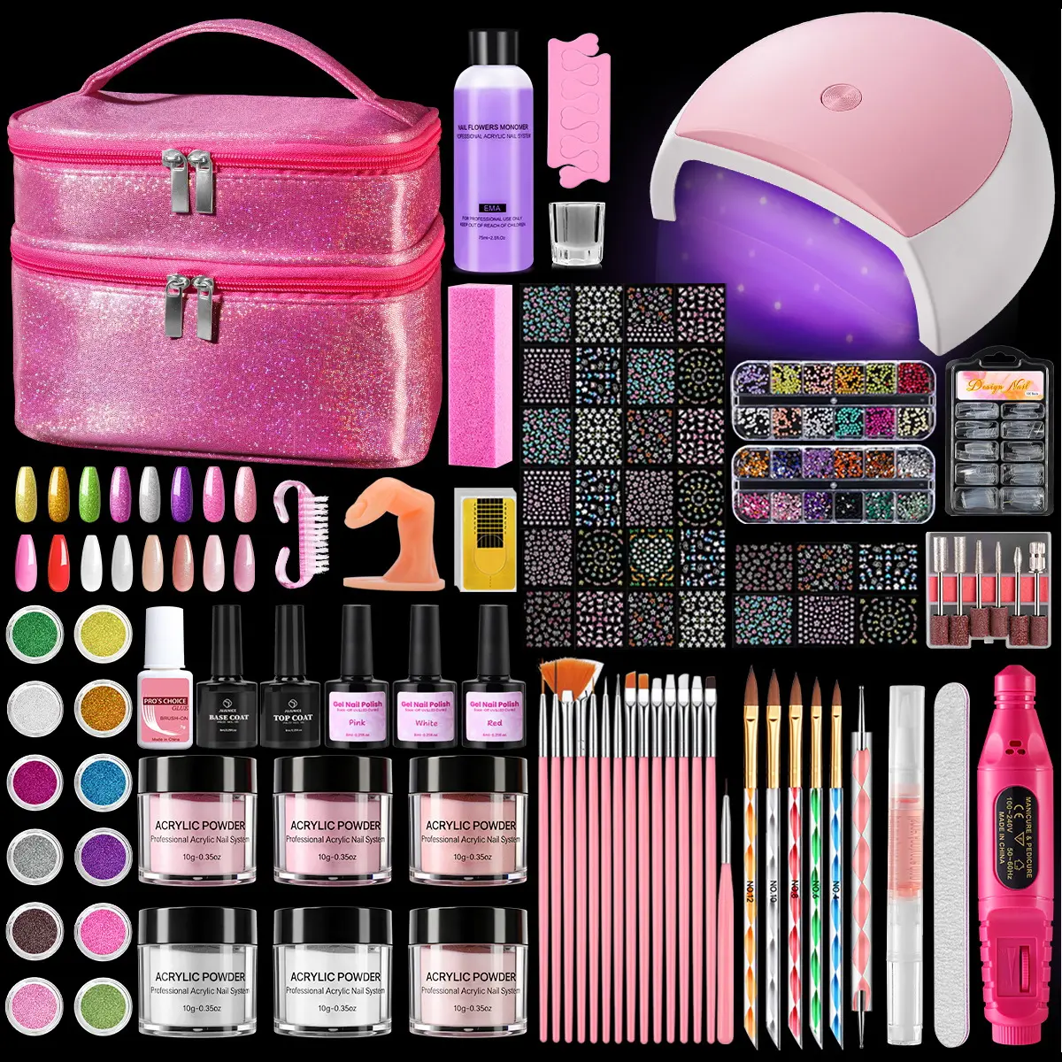 Beginner All-in-1 Salon-Quality Manicure Kit with UV Lamp, Nail Drill, Powder, Decorations, Gentle Brush in Pink Cosmetic Storage Gift Bag for Sensitive Nails