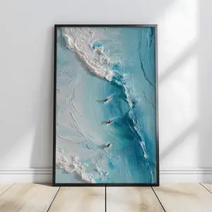 Coastal Surf Art Print, Abstract Ocean View Wall Art with Surfers, Modern Beach House Decor Poster