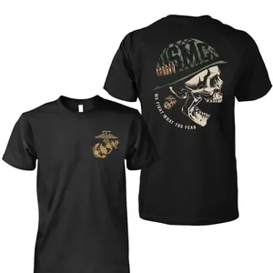 USMC Skull T-Shirt, We Fight What You Fear Marine Corps Helmet Graphic Tee, United States Military Veteran Cotton Shirt for Warriors and Patriots