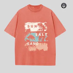 Sun Salt Sand Beach Graphic T-Shirt, Vintage Washed Tropical Palm Tree Print Short Sleeve Crew Neck Tee, Casual Summer Vacation T-Shirt