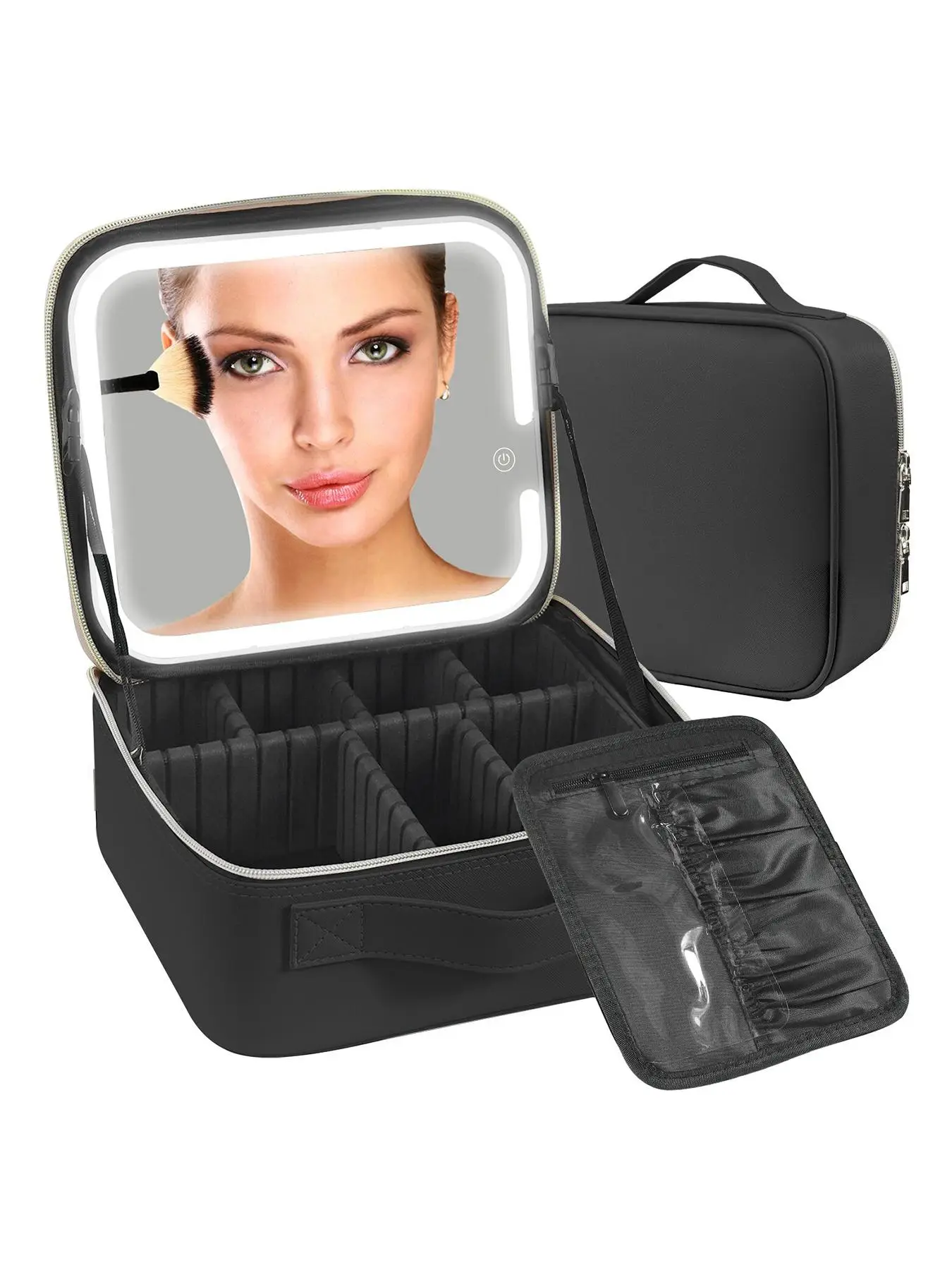 Summer Makeup Travel Bag with LED Lighted Mirror, Makeup Travel Train Case with Adjustable Divider for Beach Holiday Vacation, Light Cosmetic Bag for